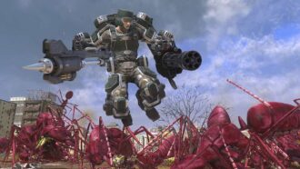 soldier in a mech soldier gear jumping in air in Earth Defense Force 6