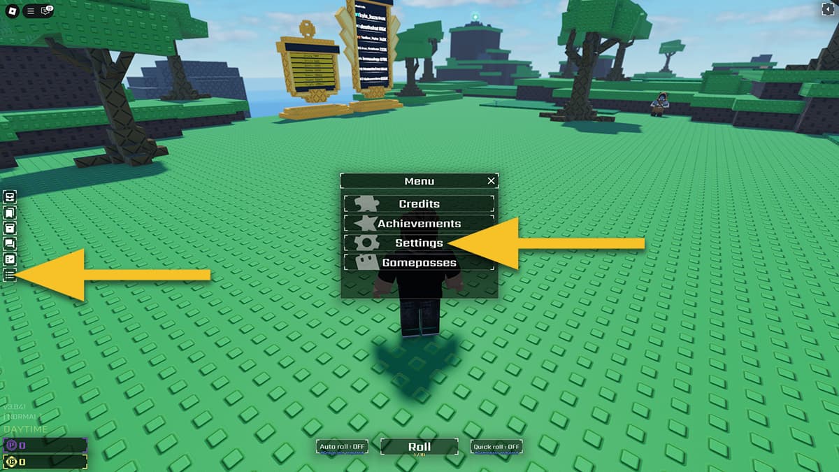 Image of the Menu screen in Sol's RNG game on Roblox, with an arrow pointing at the Settings button.