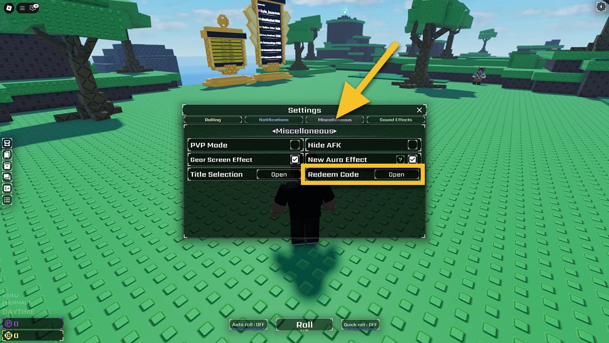 Image of the Settings window in Sol's RNG game on Roblox, with an arrow pointing at the Miscellaneous tab and Redeem Code line focused in a box.