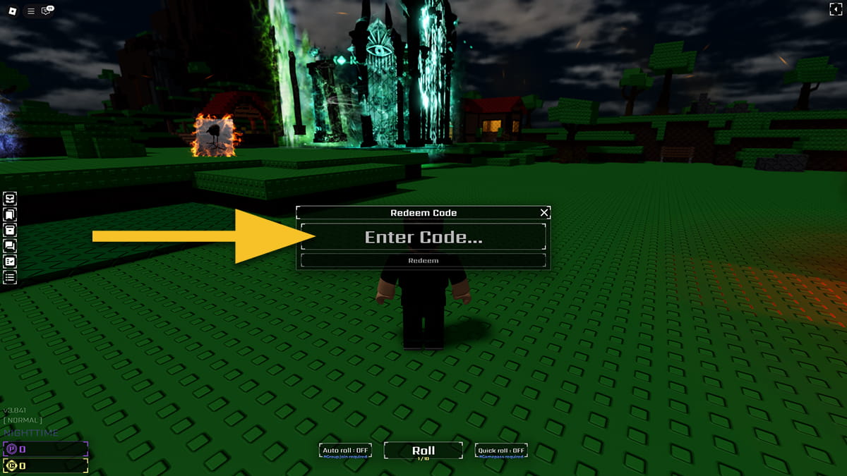 Image of the code redemption box in Sol's RNG game on Roblox.