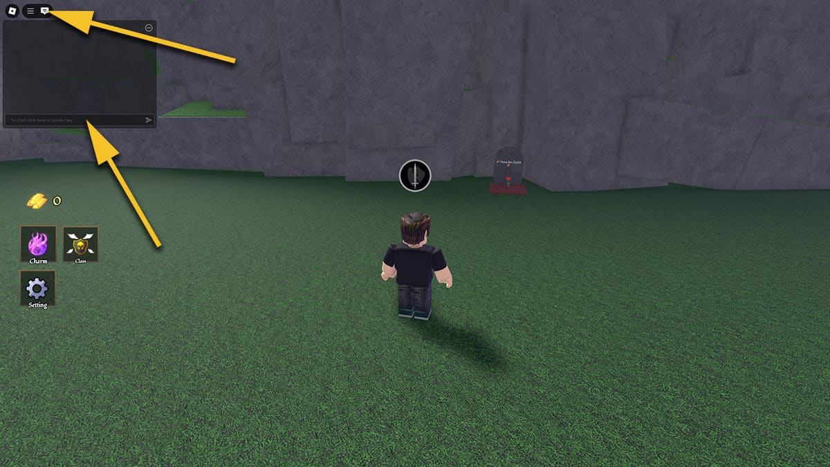 Image of the player in the lobby of Something Boss Fights on Roblox, with arrows pointing at the Chat button and the text input box.