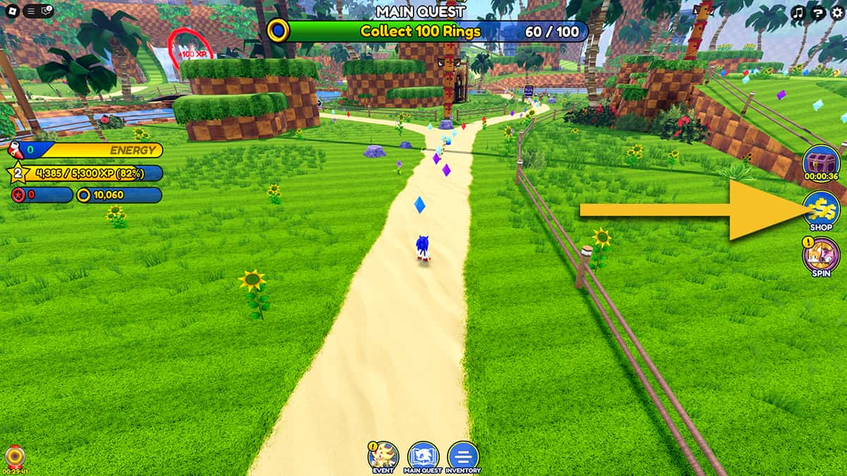 Image of the player playing as Sonic and running down the trail in Sonic Speed Simulator on Roblox, with an arrow pointing at the Shop icon on the right side of the screen.
