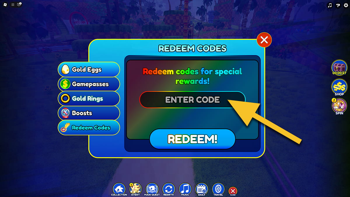 Image of the Shop window in Sonic Speed Simulator on Roblox, with the Redeem Codes tab selected and an arrow pointing at the code input text box.