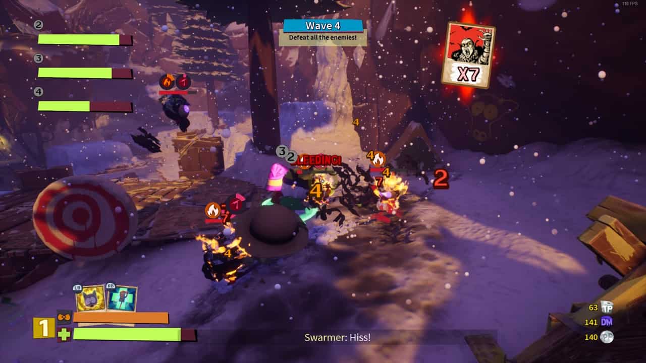 Players engaged in a chaotic battle against enemies in a snowy video game environment displaying on-screen status indicators, a multiplier icon, and an Auto Draft feature.