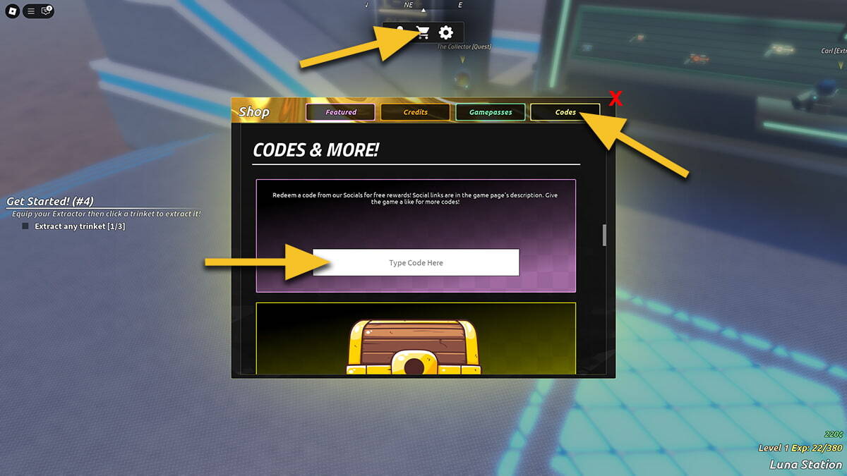 Top most yellow arrow points at the Shopping cart icon. The middle yellow arrow points at the Codes tab in the Shop menu. The last yellow arrow points at the text box where the Space Extractors players can input their codes.