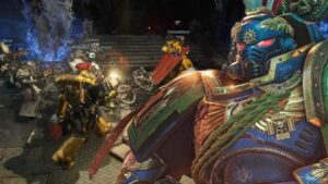 A Champion Ultramarine standing in from of Warhammer 40K Space Marine 2 12-player co-op gameplay