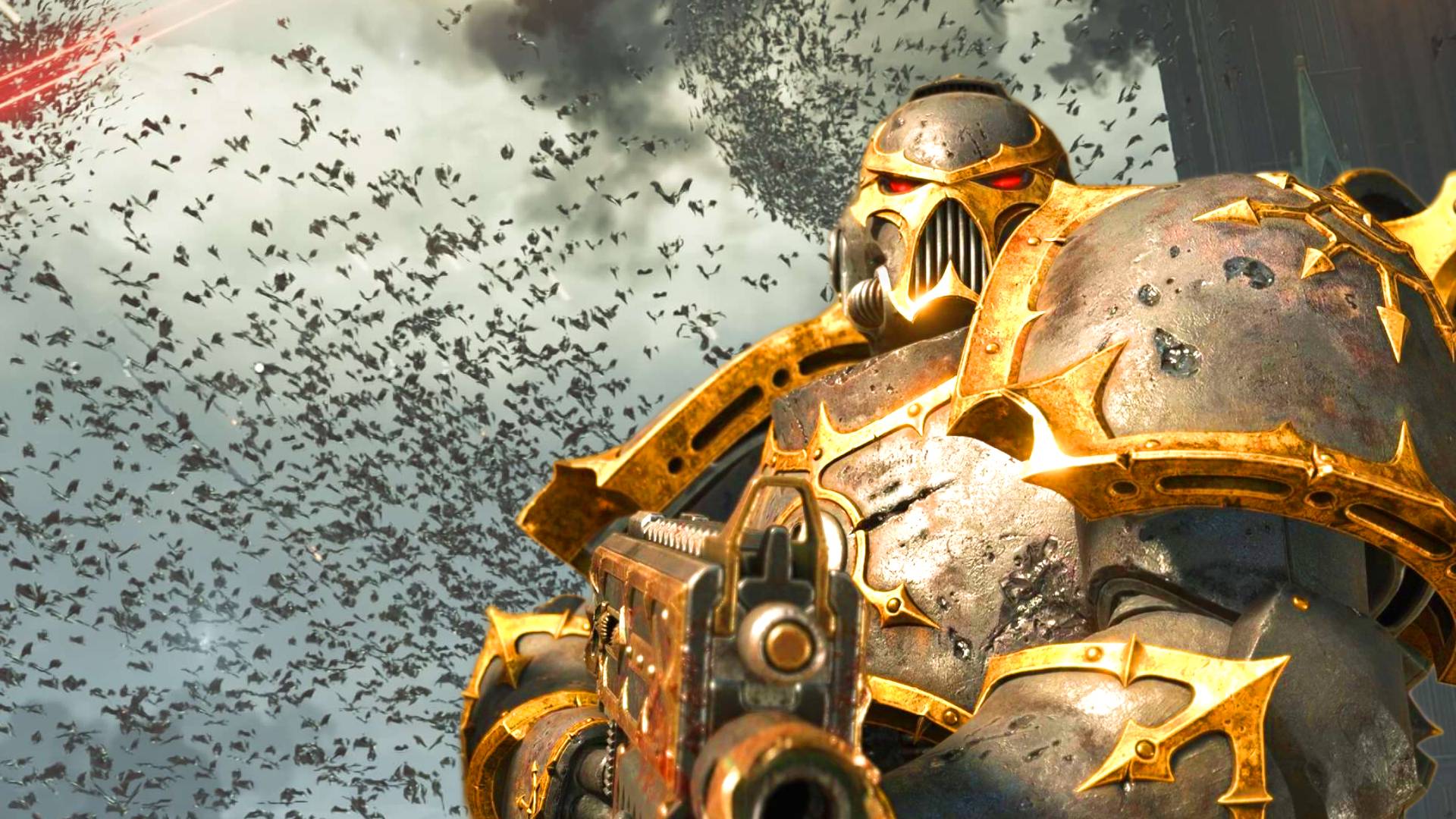 A Space Marine 2 Ultramarine standing in front of Tyranid swarm