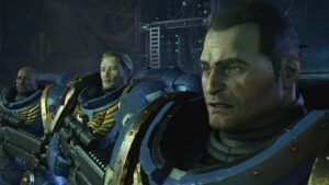 Three space marines get ready for battle