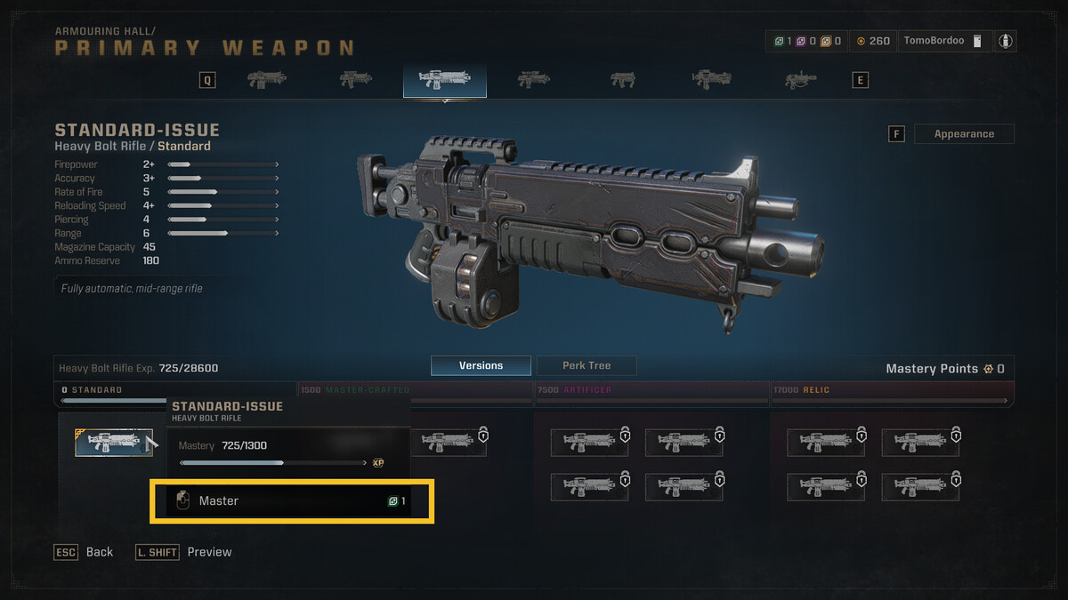 Space Marine 2 Mastery Points: weapon menu in the Armouring Hall.