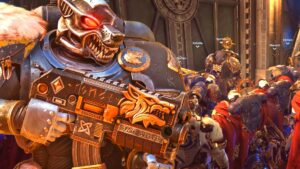 Space Marine 2 wolf man standing in front of a slew of ultramarines