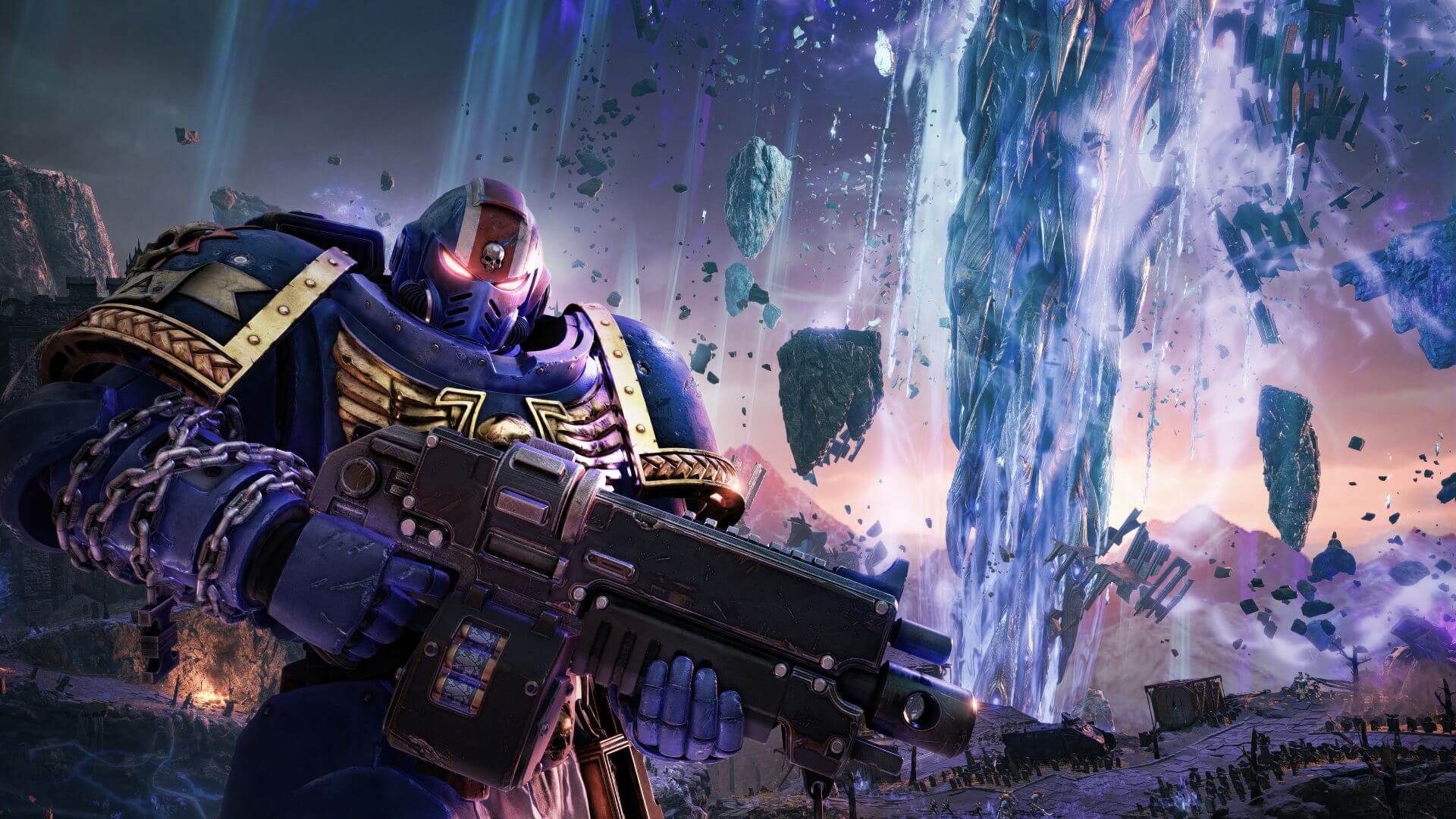 A massive space marine gets ready for battle in space