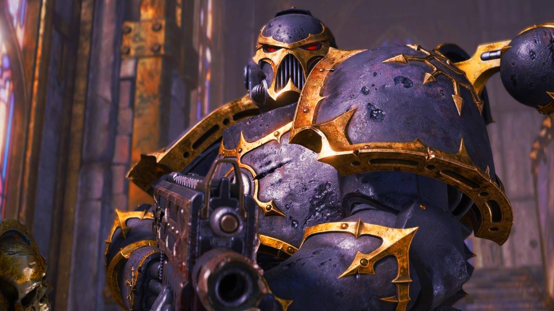Space Marine 2 Ultramarine in close up shot standing in a cathedral