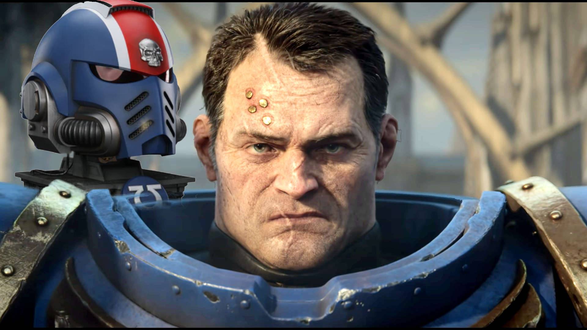 Space Marine 2 Titus in front of the helmet