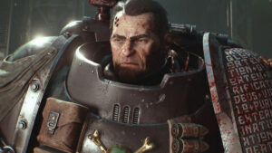 Space Marine 2 trophies and achievements: Titus bloodied with his helmet off.