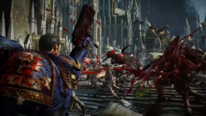 A man in blue armor shoots an alien while blood splatters everywhere