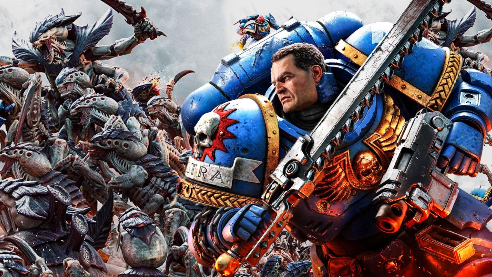 Space Marine 2 Titus charging into a massive tyranid horde