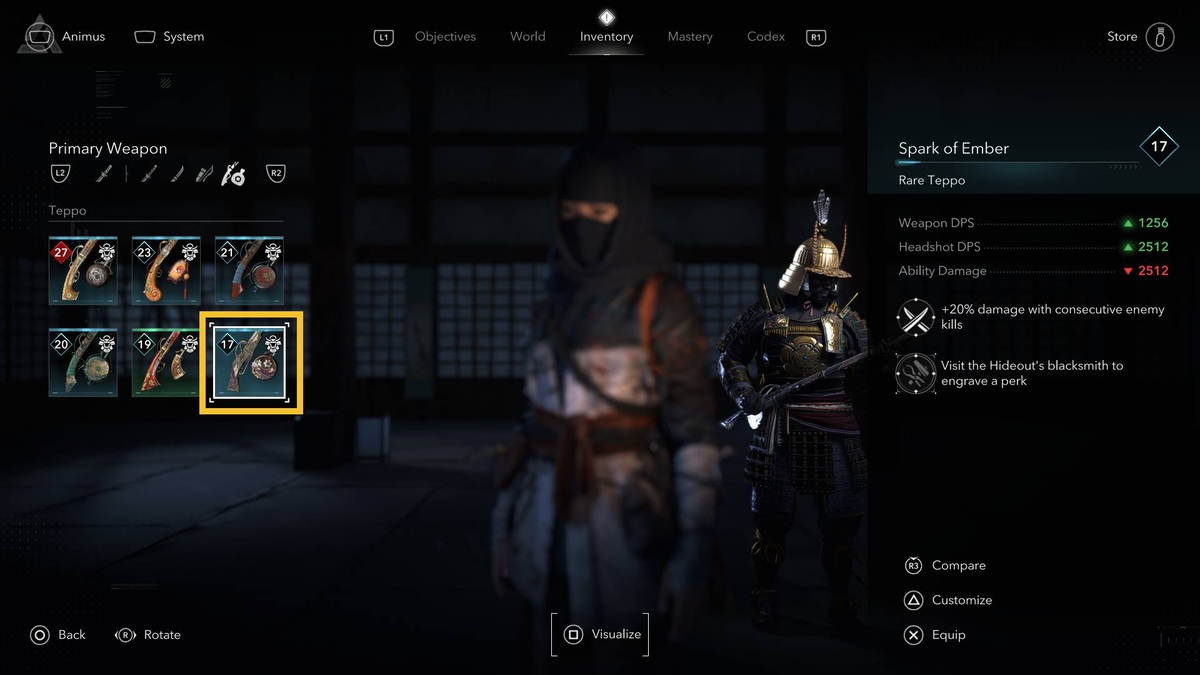 Assassin's Creed Shadows best weapons: inventory menu.