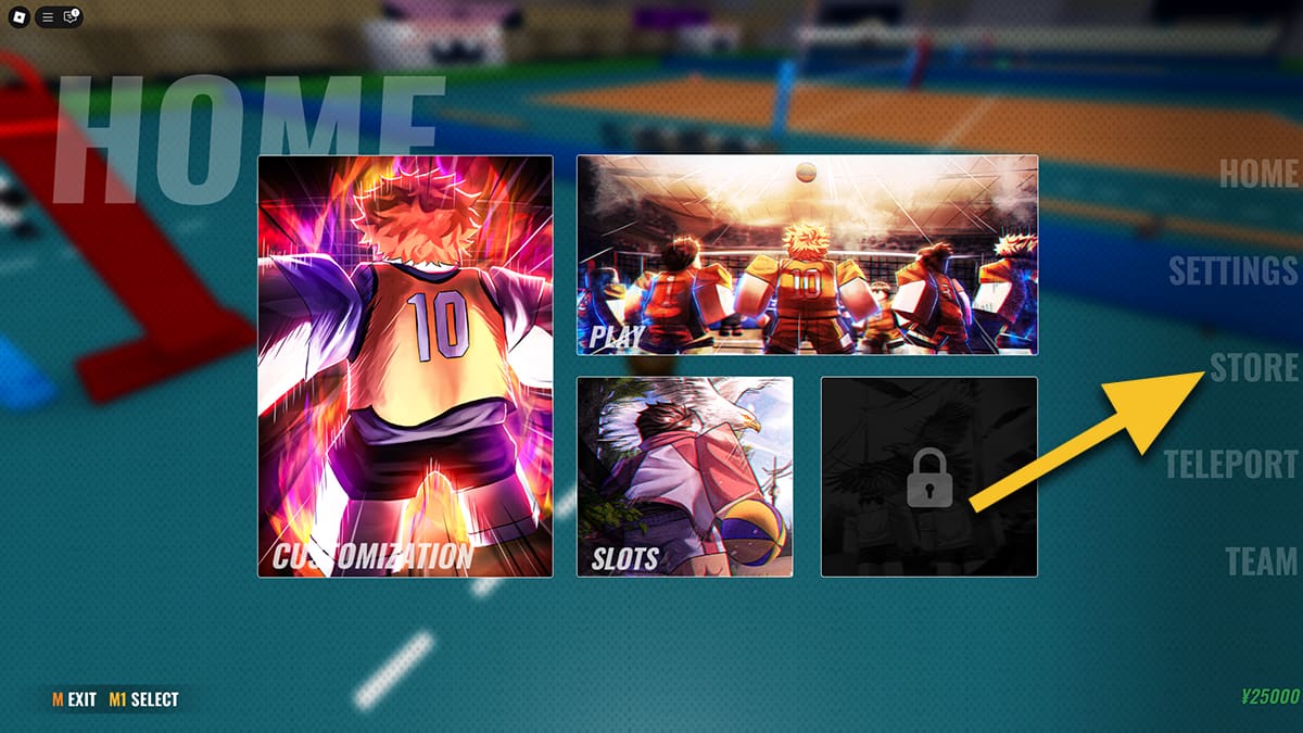 Image of the open Menu screen in Spiked on Roblox, with an arrow pointing at the Store tab.
