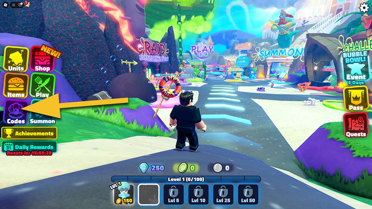 Image from SpongeBob Tower Defense on Roblox, with an arrow pointing at the Codes icon.