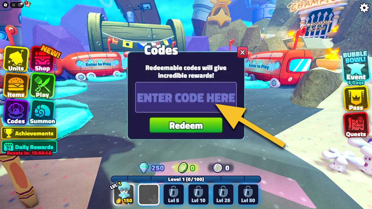 Image of the codes redemption window in SpongeBob Tower Defense on Roblox.