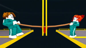 Image showing two contestants during the rope pull game in Squid Game X on Roblox.