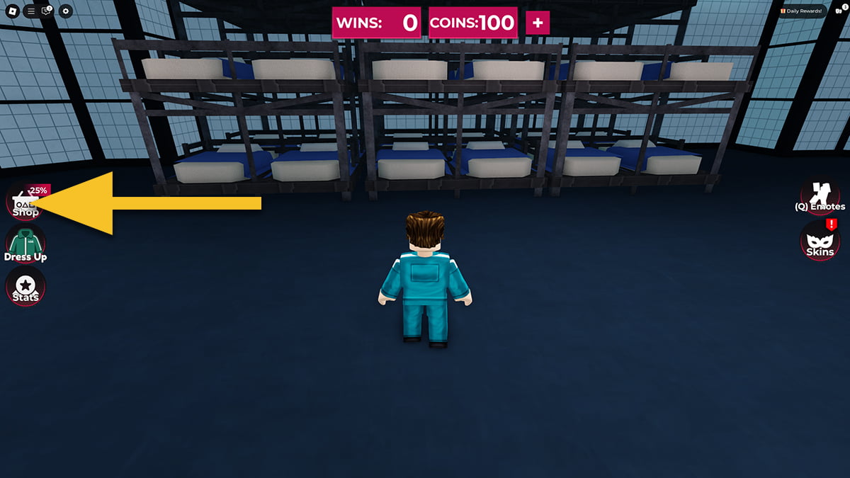 Image of the lobby in Squid Game X on Roblox, with an arrow pointing at the Shop icon.