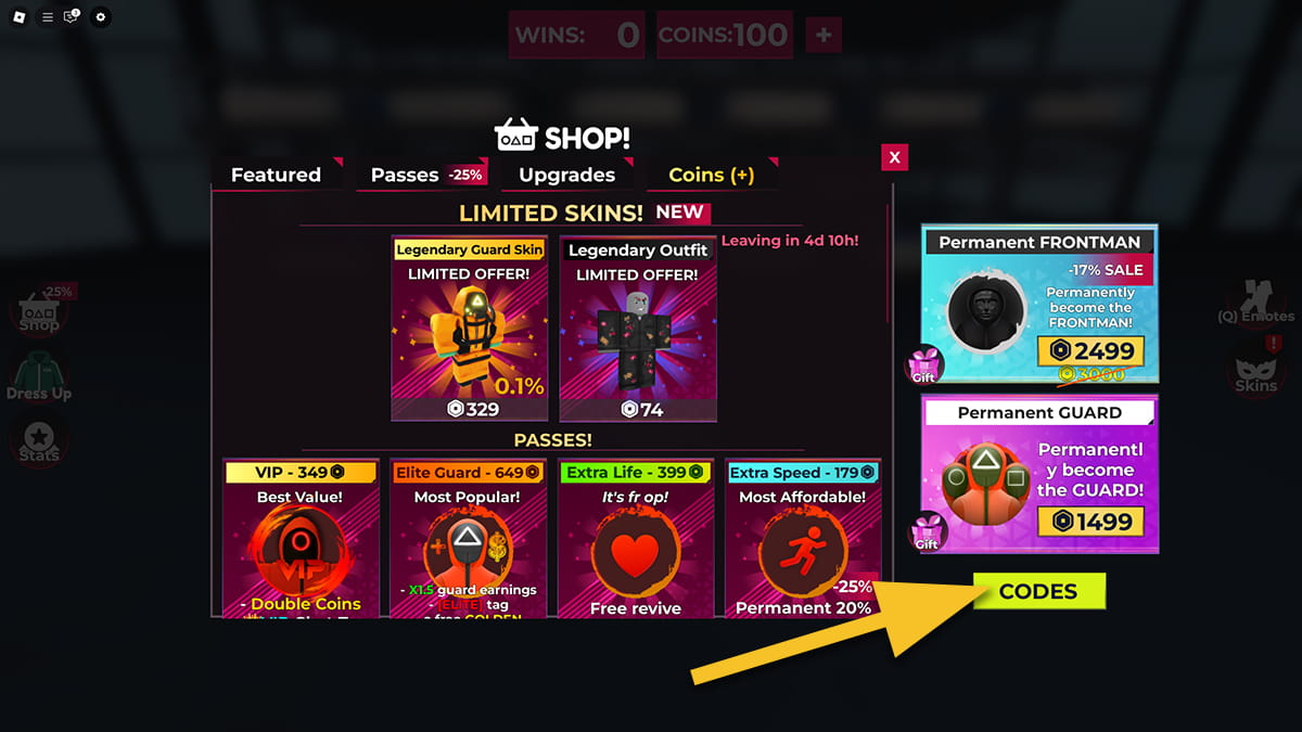 Image of the Shop window in Squid Game X on Roblox, with an arrow pointing at the Codes button.