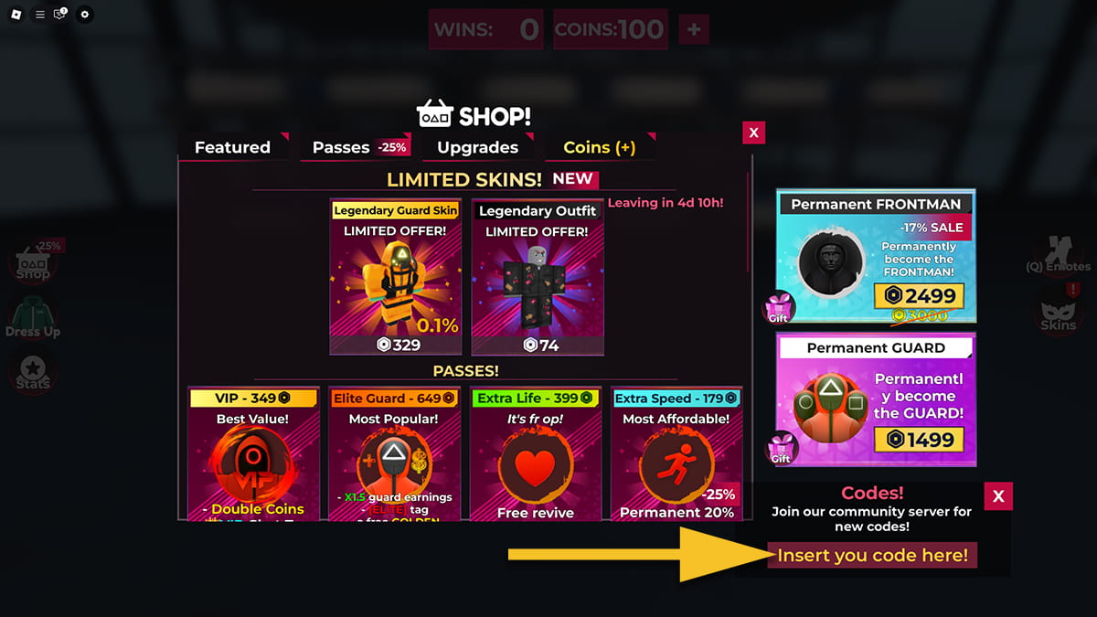 Image of the Shop window in Squid Game X on Roblox, with an arrow pointing at the code redemption text box.