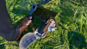 Squirrel aiming a pistol while waving at its target.
