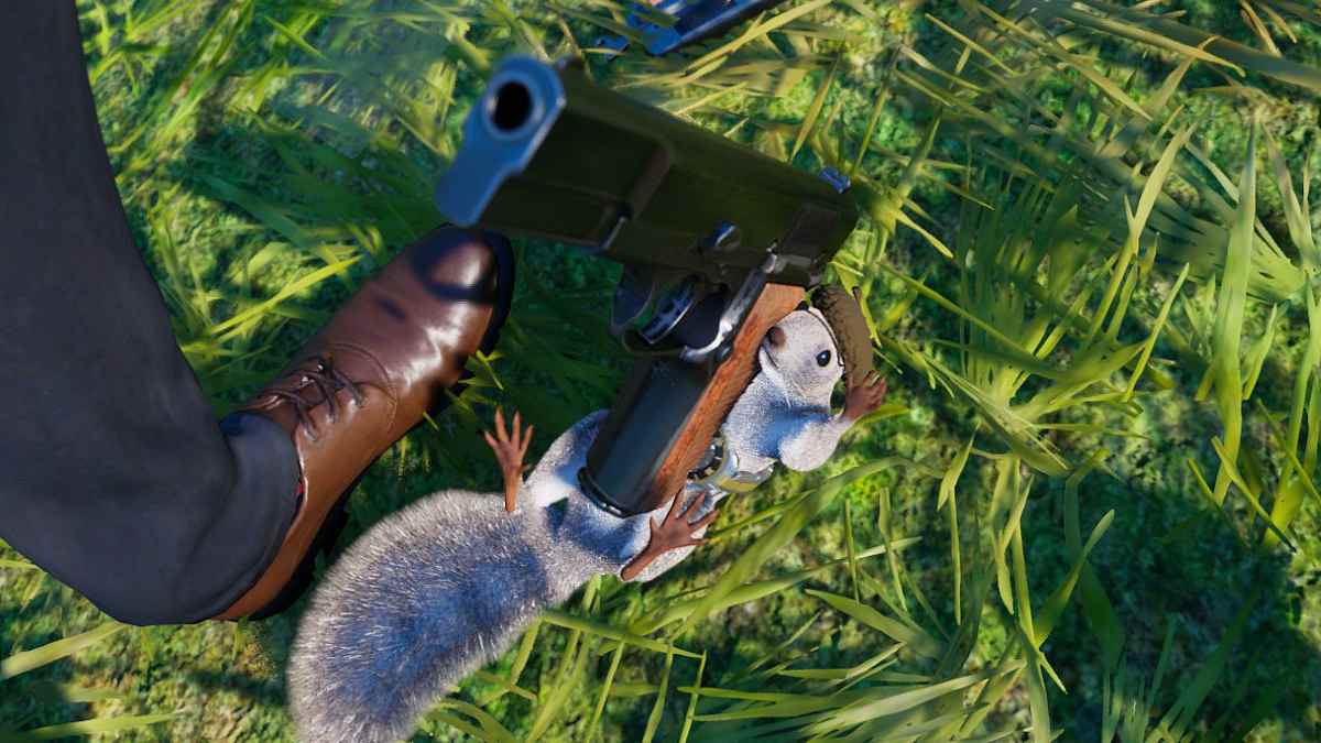 Squirrel aiming a pistol while waving at its target.