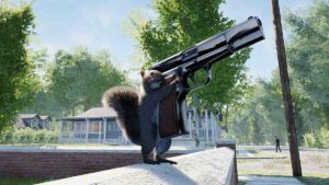 A squirrel carrying a handgun.