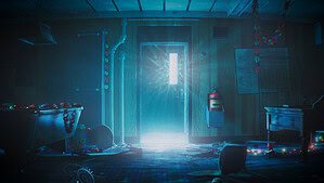 an eerie scene with a light glowing through a door