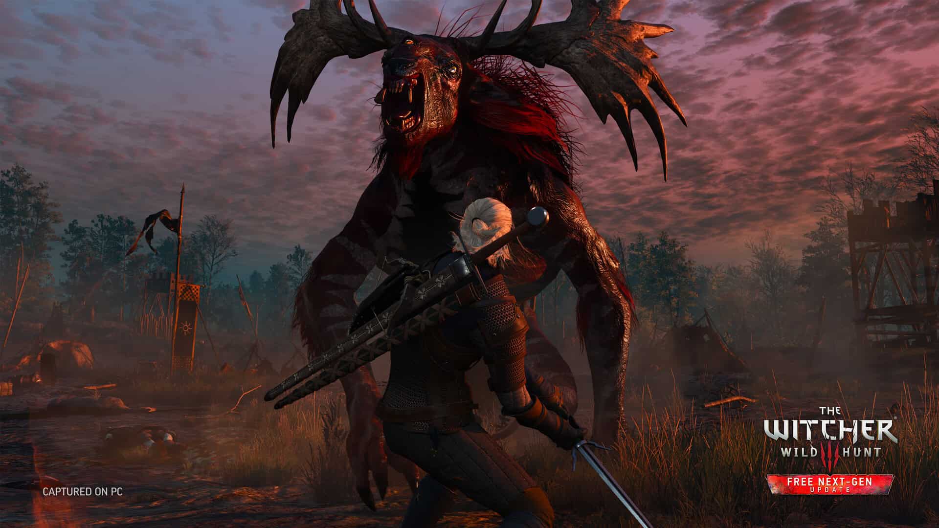 games like ghost of tsushima - a man with white hair attacks a monster with large antlers