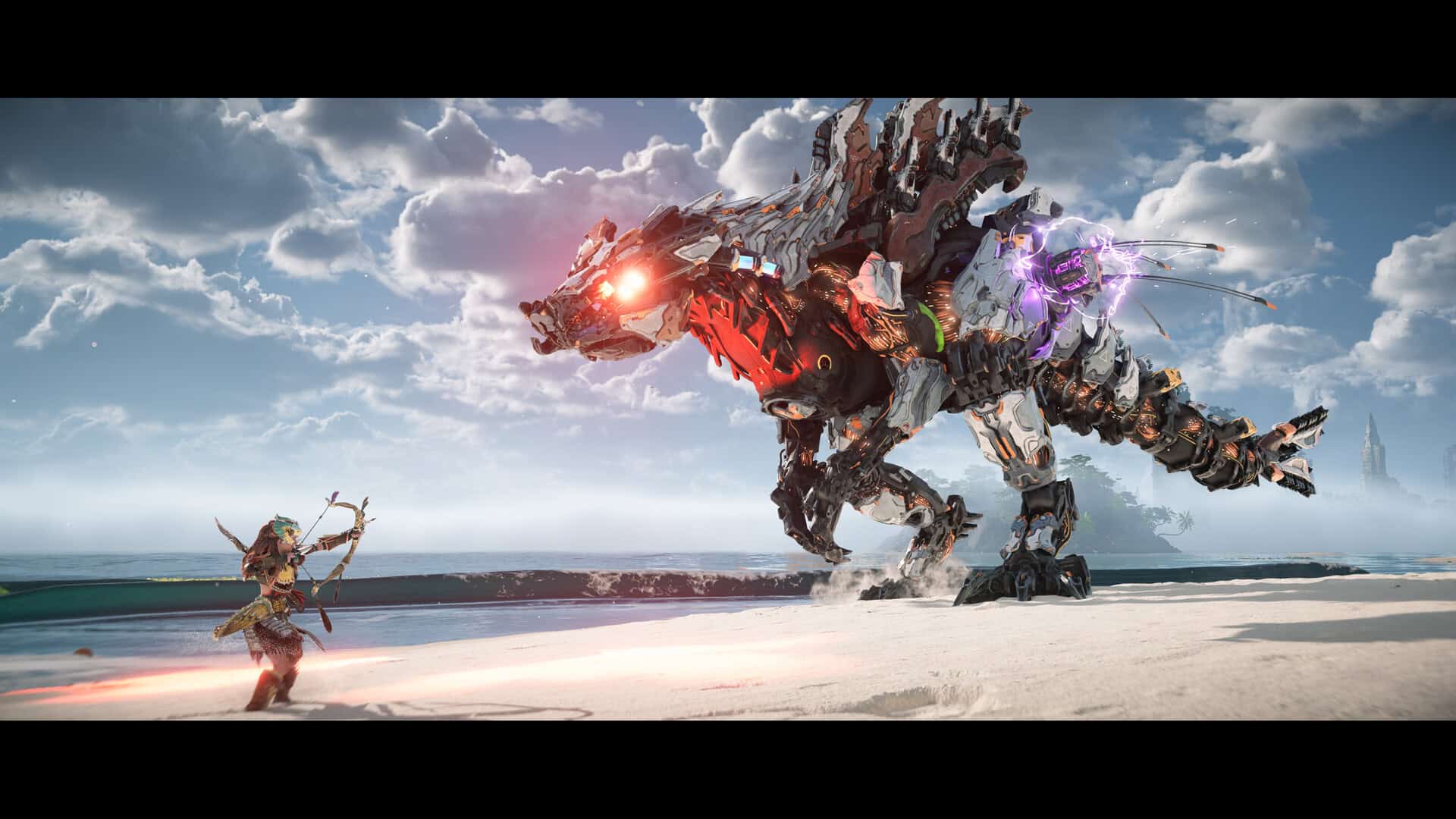 games like ghost of tsushima - a woman with red hair aims a bow at a mechanical dinosaur