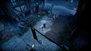 V Rising release date and start time - a character stands in the street holding a sword