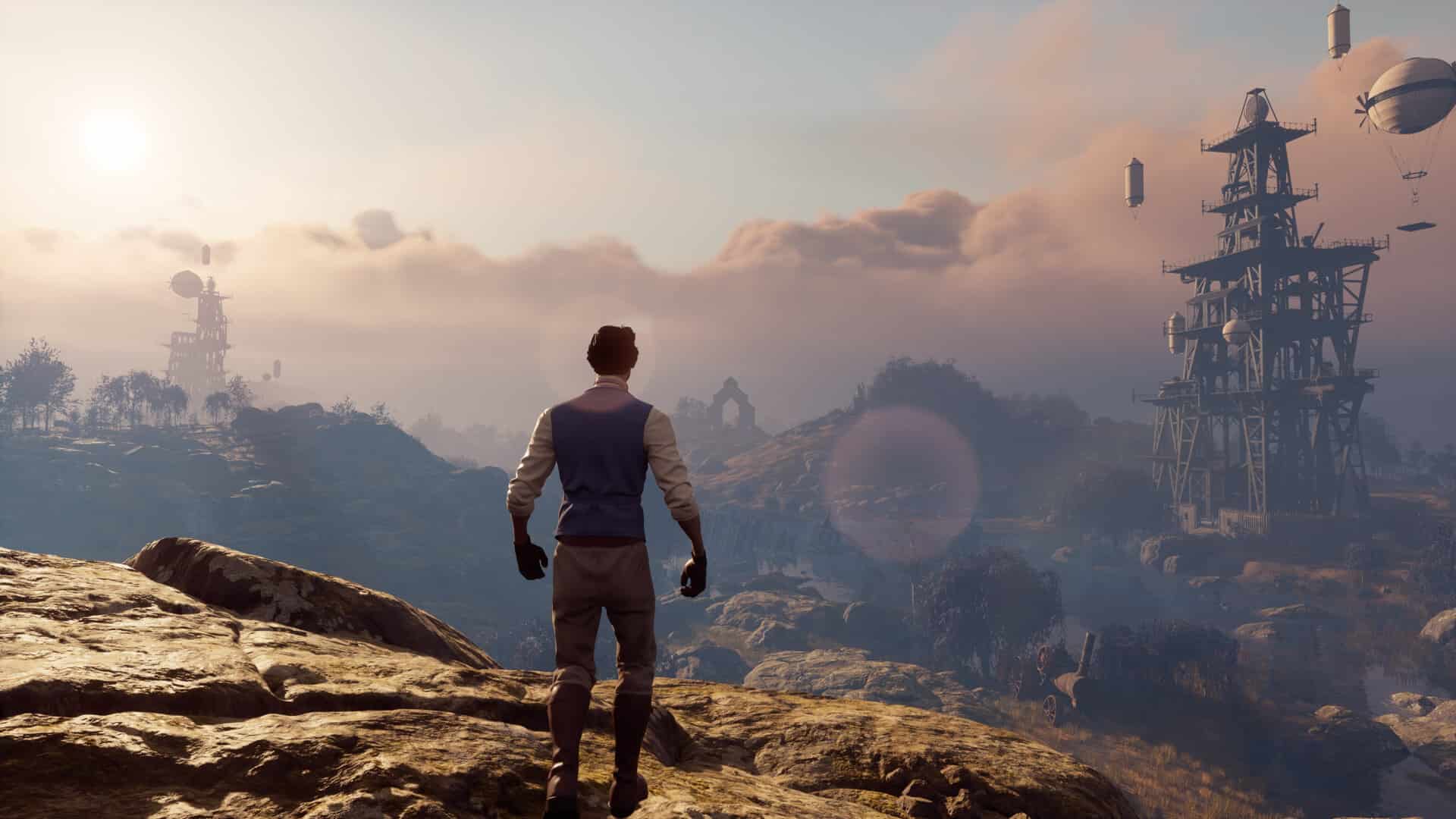 A man stands looking at a view in Nightingale. Nightingale offline play 