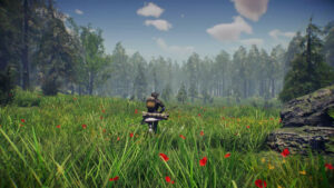 aska early access release date - a person runs through grass adorned with red flowers.
