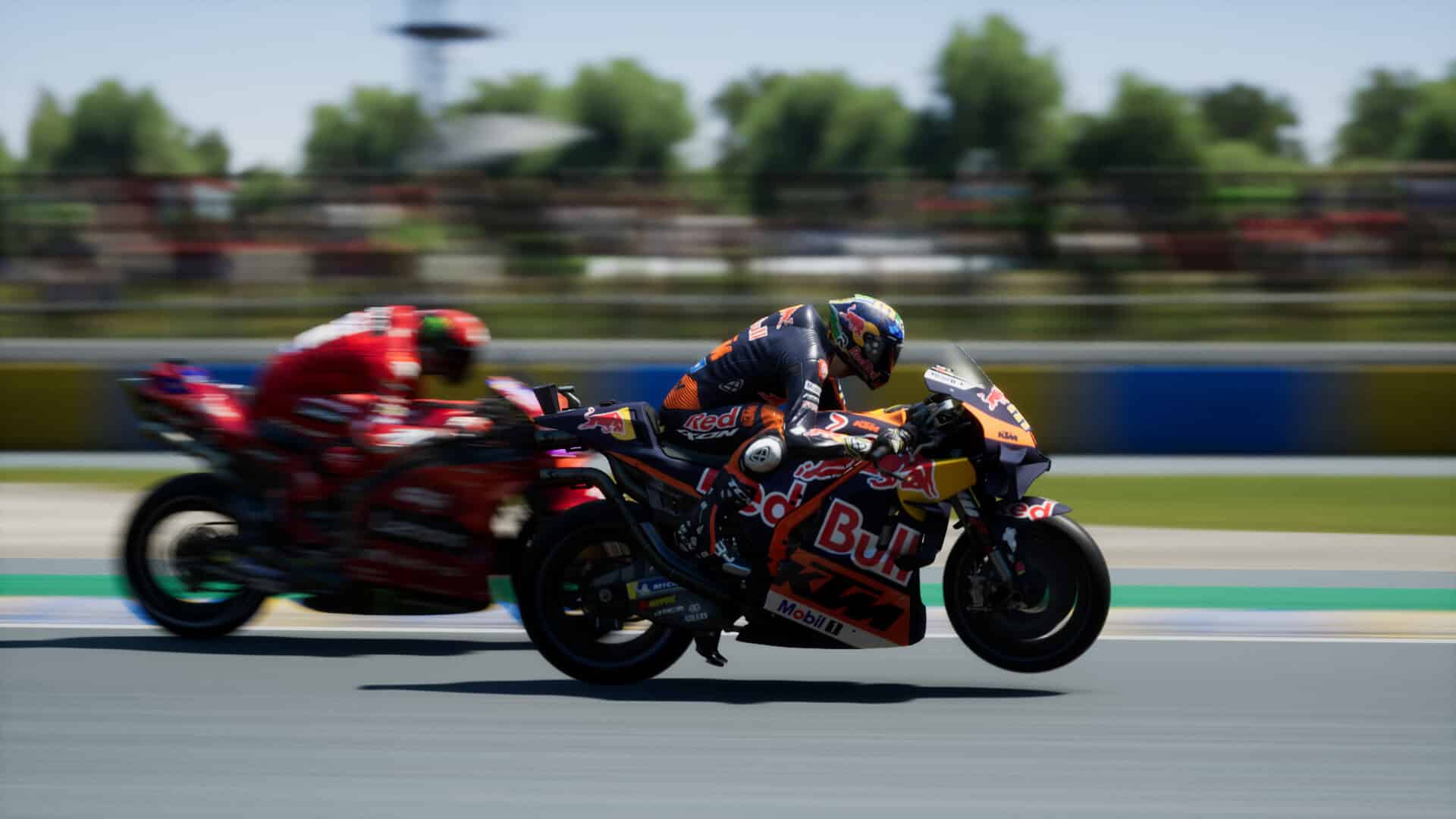 motogp 24 release time - two bikers race and lean into a turn