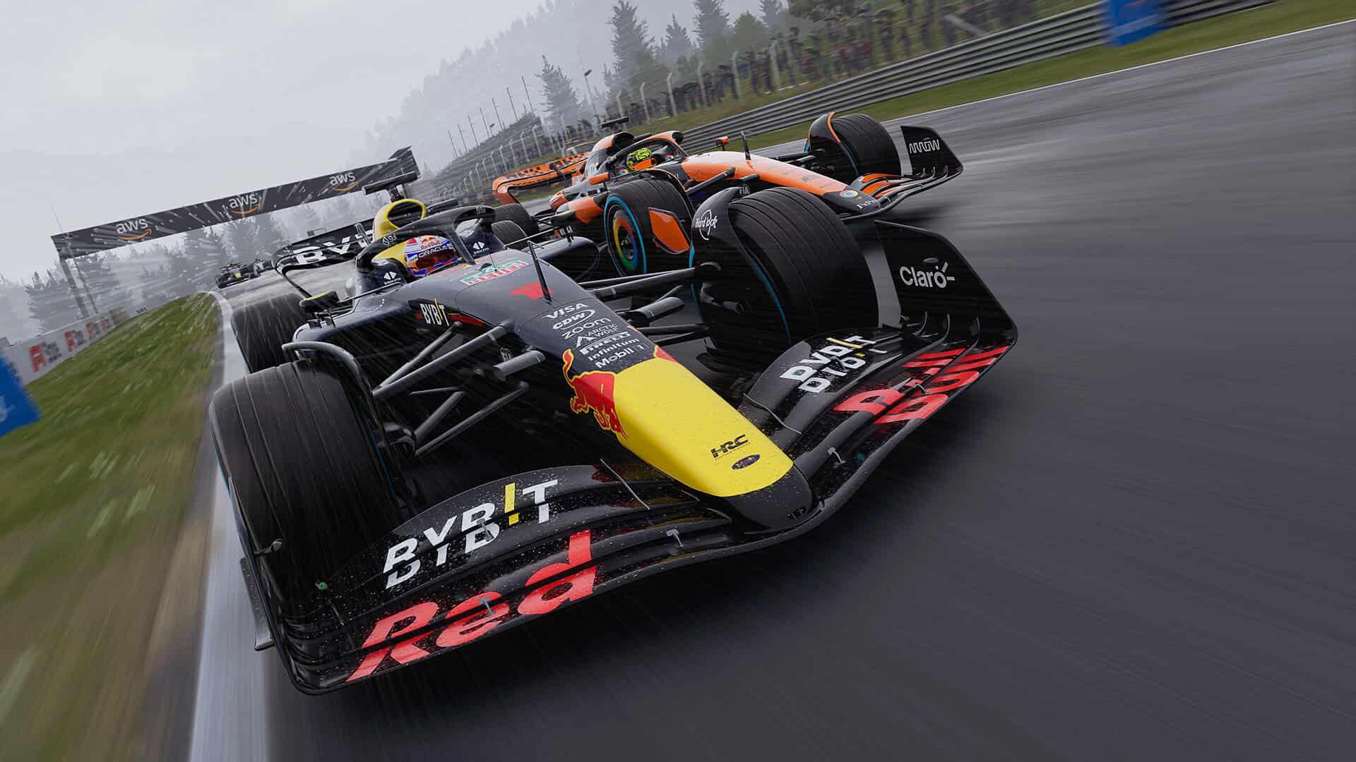 F1 24 release date - Two F1 cars racing closely on a track in the rain