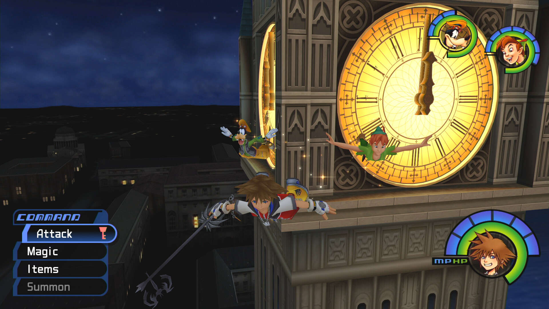 Kingdom Hearts 2 - Sora, Goofy and Peter pan fly near a clocktower