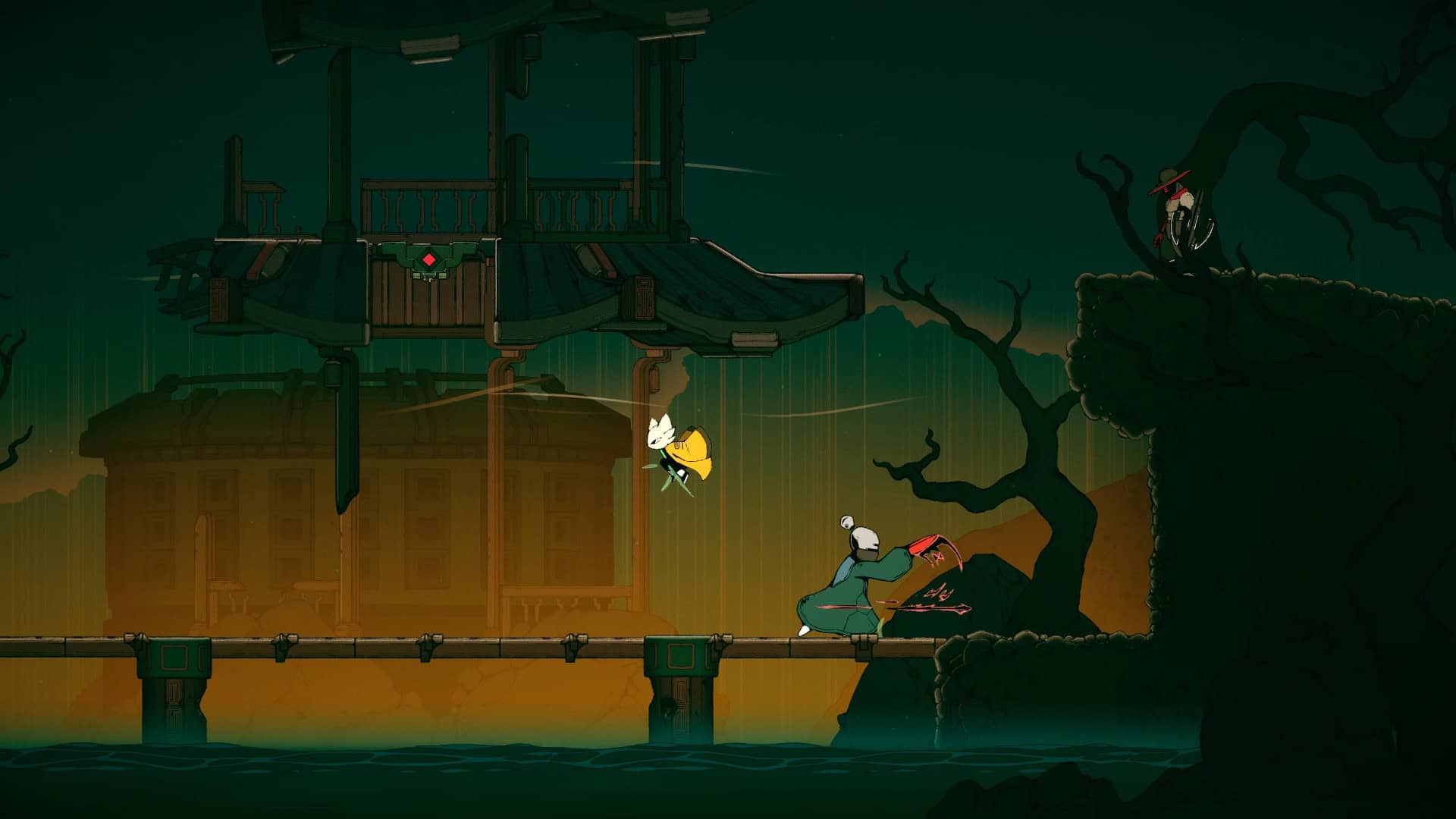 nine sols release date - a character jumps over a foe in a 2D side-scroller.
