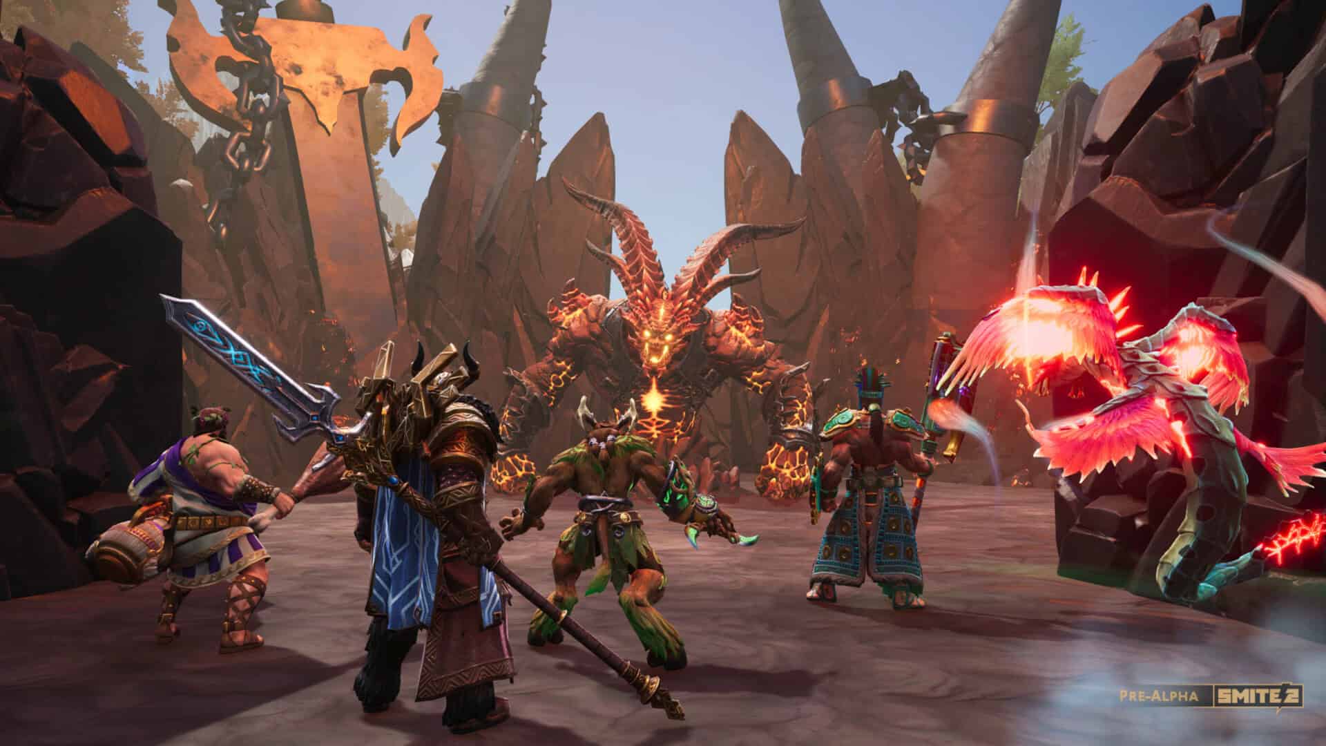 Smite 2 alpha how to sign up - characters stand before a flaming monster