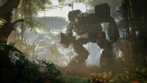 mechwarrior 5 clans release date - a large mech stands in a jungle setting