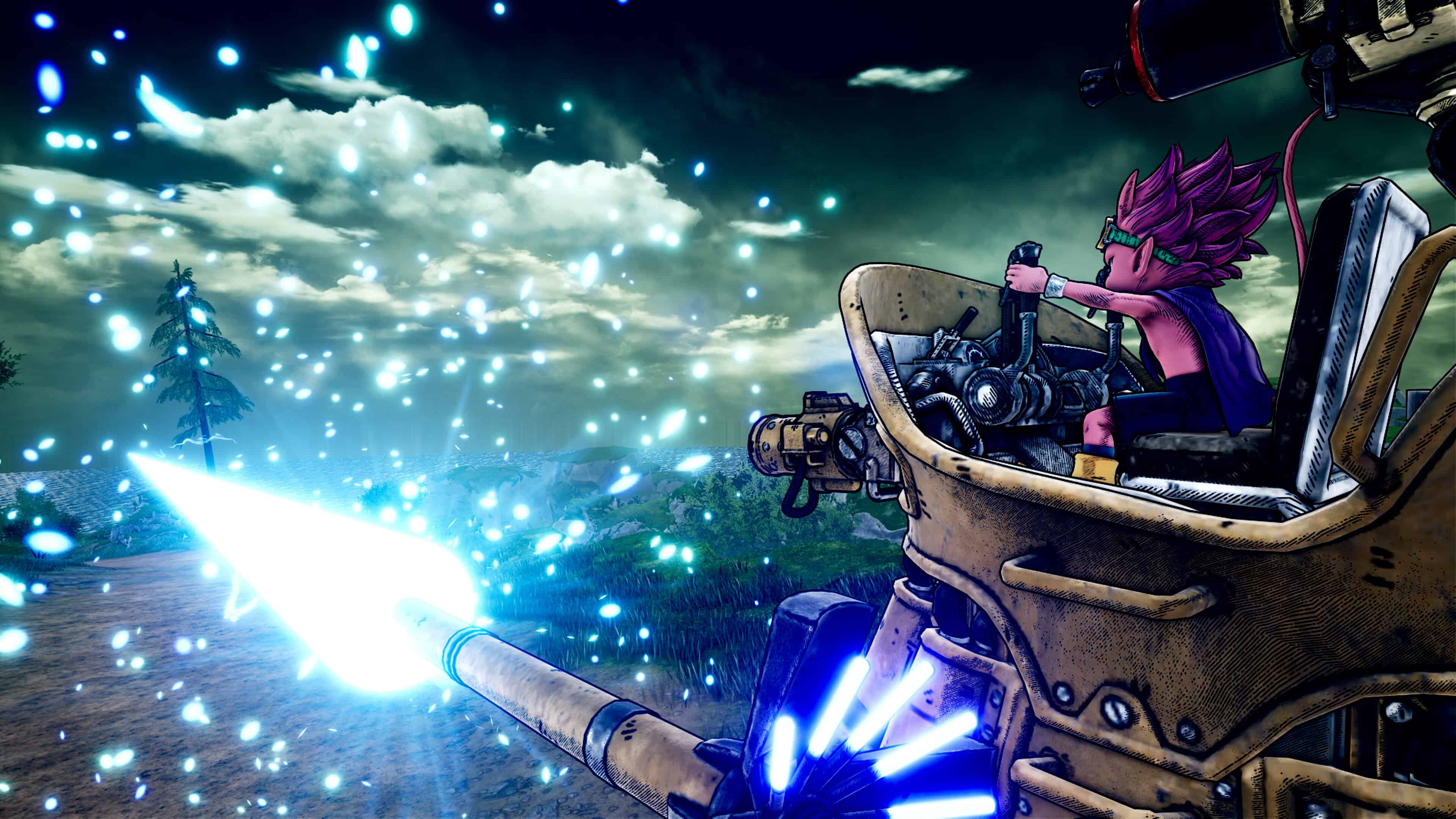 Sand Land trailers: A character inside a tank fires a laser at enemies