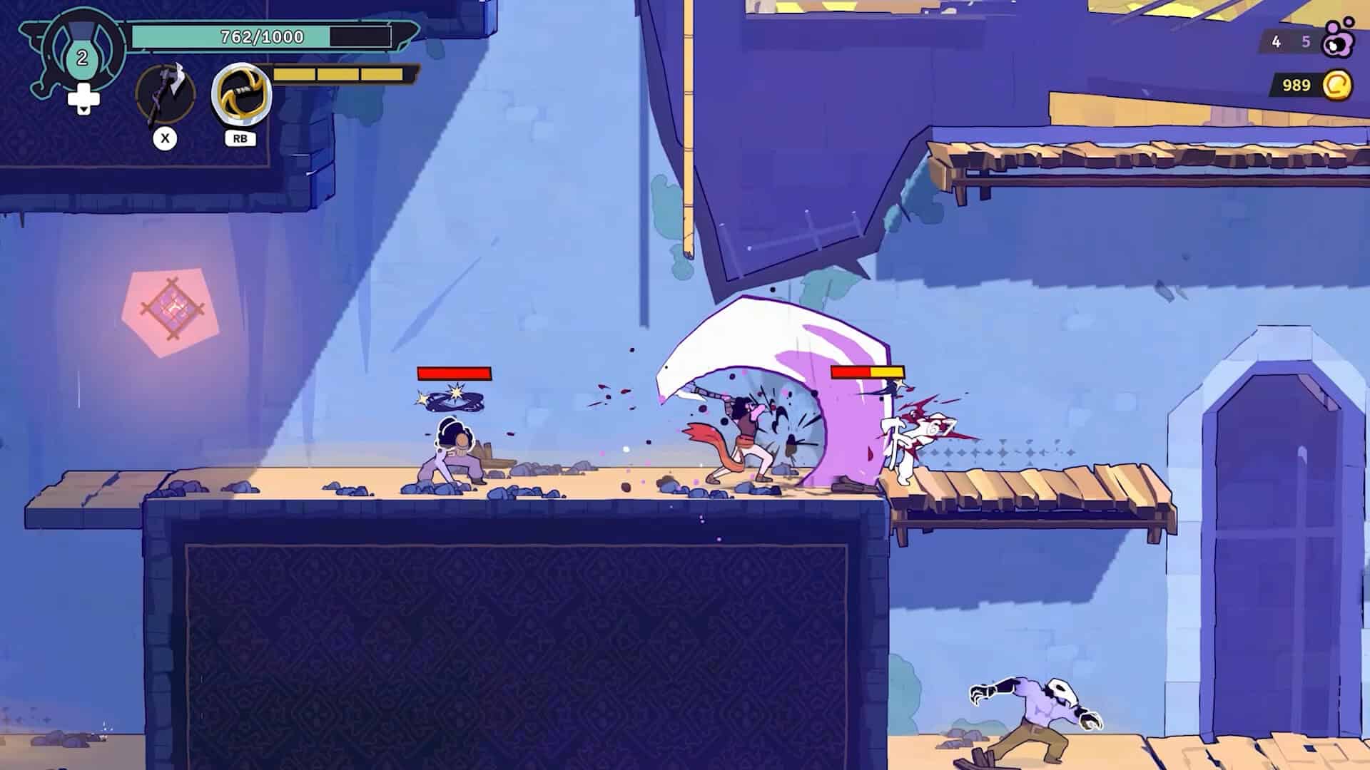 A scene from an action video game, Rogue Prince of Persia, shows characters in combat with health bars above them. One character swings a large weapon at an enemy on a wooden platform. The game's early access release date has fans eagerly anticipating this epic showdown.