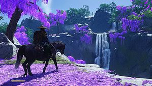 ghost of tsushima director's cut pc release date - Jin rides his horse through a purple forest.