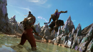 flintlock the siege of dawn release time - a man stands while another jumps towards them in a pool of water