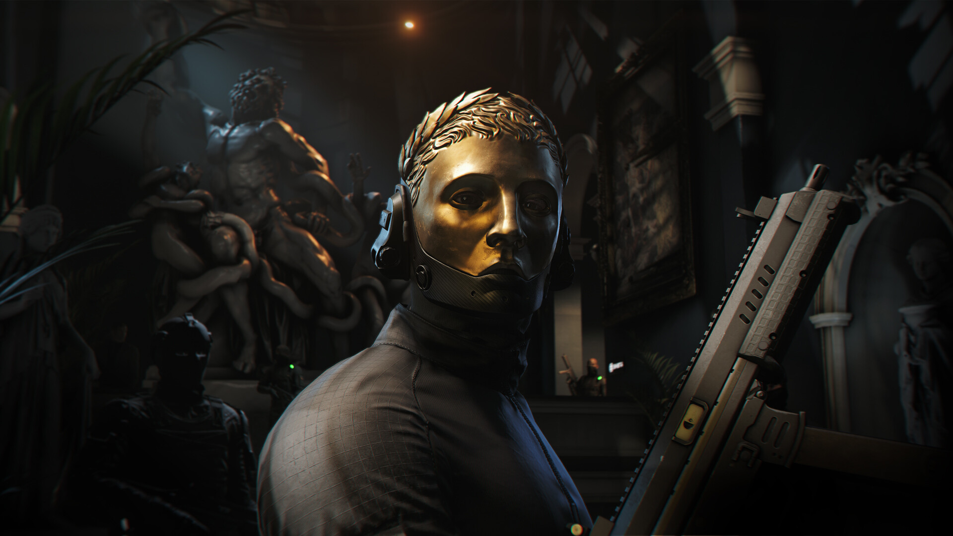 007 First Light - A mysterious figure in a golden neo-classical mask