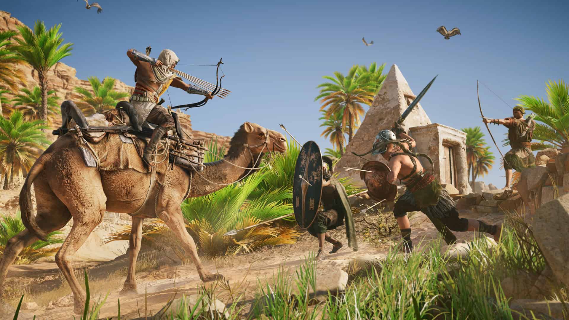 games like ghost of tsushima - a man riding a camel aims a bow at enemies