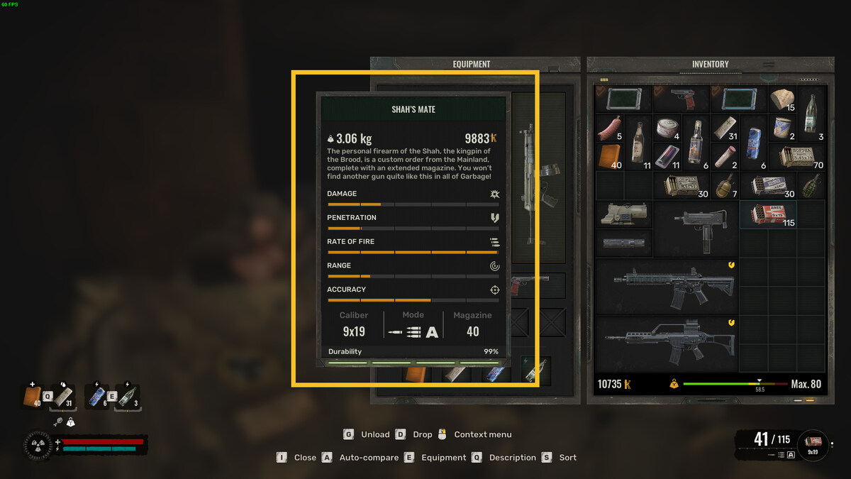 Best early game weapons in Stalker 2: inventory menu.